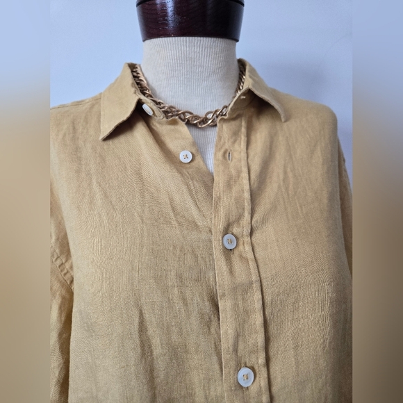 GALERIES LAFAYETTE Tan Linen Long Sleeve Button Up Top. Size Large - Picture 3 of 11